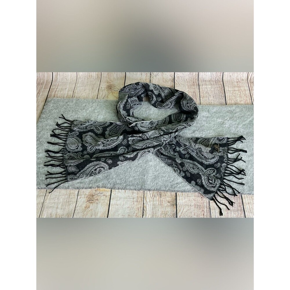 Black & Gray 100% Cashmere Paisley Fringe Scarf
